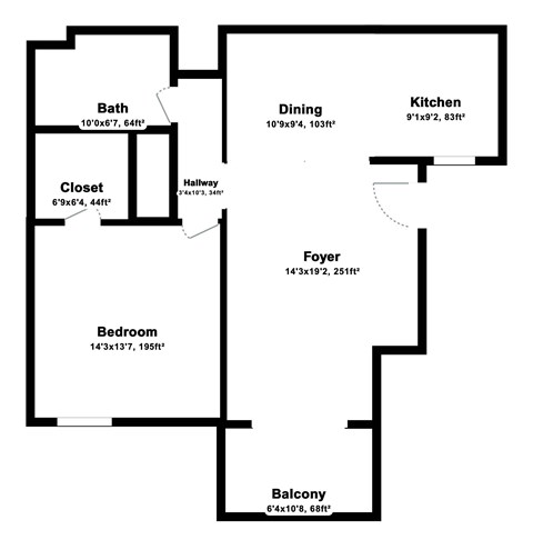 Floor plan for 1 bed, 1 bath, 718 sqft